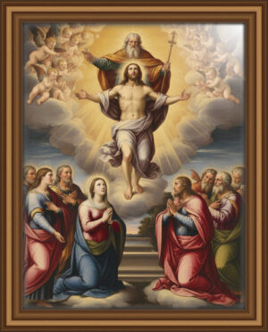 Dramatic oil painting with Jesus illuminated by a strong celestial beam from above. God emerges from swirling clouds