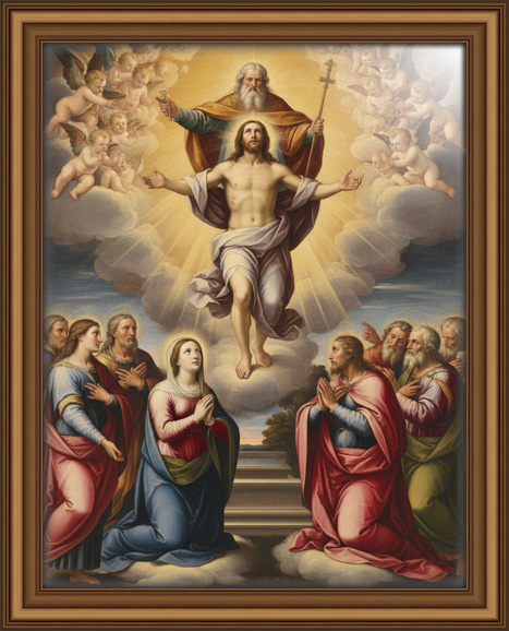 Dramatic oil painting with Jesus illuminated by a strong celestial beam from above. God emerges from swirling clouds