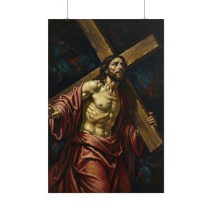 Dramatic Baroque-style painting of Jesus Christ carrying the cross, Poster — Religious Christian Wall Art