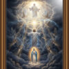 Glowing cross behind Jesus splits through dark storm clouds. The Virgin Mary stands illuminated in a warm circle of light