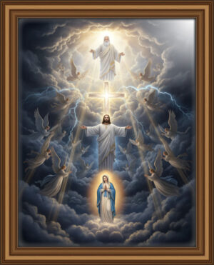 Glowing cross behind Jesus splits through dark storm clouds. The Virgin Mary stands illuminated in a warm circle of light