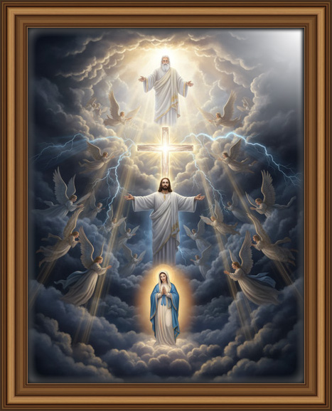 Glowing cross behind Jesus splits through dark storm clouds. The Virgin Mary stands illuminated in a warm circle of light