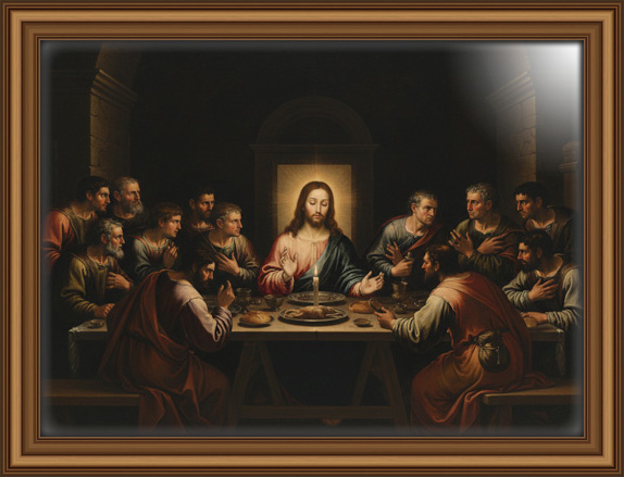 A Last Supper rendered in candlelit Baroque style, Jesus at the center, glowing with twelve apostles seated around