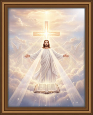 A majestic spiritual vision of Jesus Christ standing in radiant heavenly light, with golden beams cascading from above