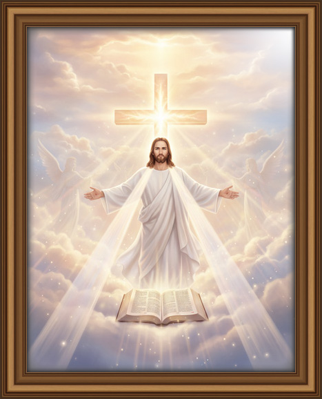 A majestic spiritual vision of Jesus Christ standing in radiant heavenly light, with golden beams cascading from above