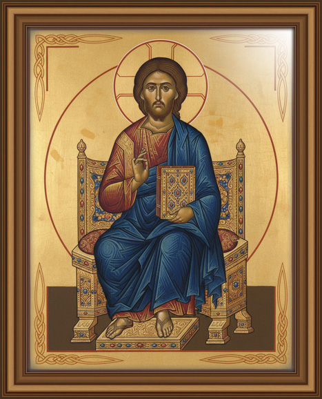 Majestic Byzantine icon depicting Jesus Christ enthroned, surrounded by a circular golden background