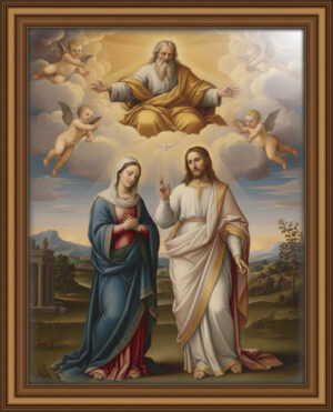 A majestic Renaissance religious scene featuring Jesus Christ and The Virgin Mary, God the Father in heavenly clouds
