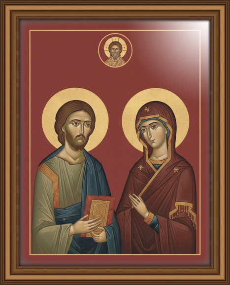 Minimalist Byzantine icon with Jesus and the Virgin Mary is in a reverent scene