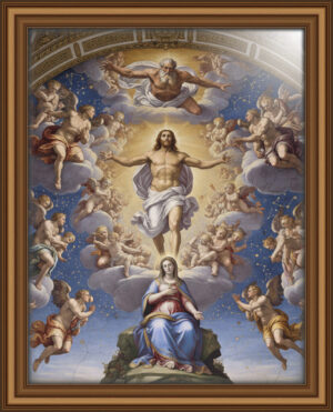 Renaissance style Jesus in a powerful, sculptural form at the center. God appears above, Virgin Mary sits in calm grace