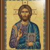 A mosaic-inspired Byzantine icon of Jesus Christ rendered in shimmering gold and jewel-toned tesserae