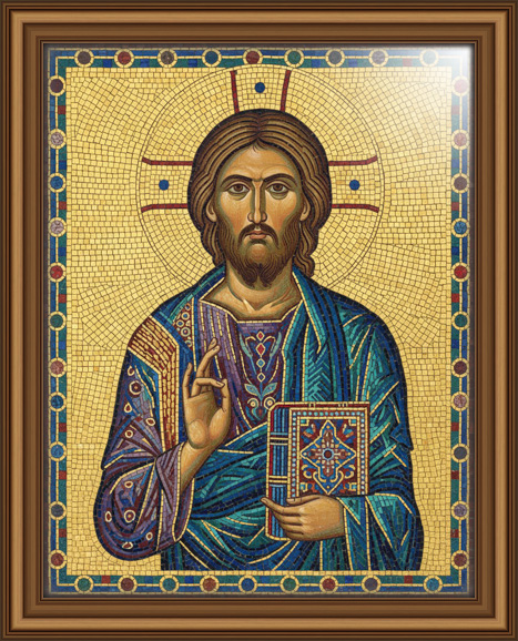 A mosaic-inspired Byzantine icon of Jesus Christ rendered in shimmering gold and jewel-toned tesserae