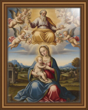 A peaceful and harmonious scene featuring the Virgin Mary gently holding Jesus Christ, both glowing with soft divine light