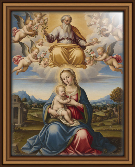 A peaceful and harmonious scene featuring the Virgin Mary gently holding Jesus Christ, both glowing with soft divine light