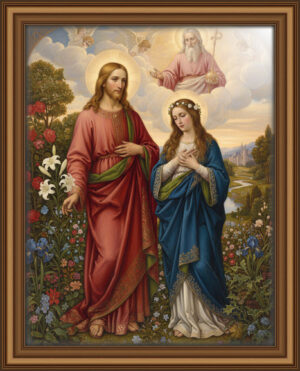 Renaissance inspired religious painting of Jesus, the Virgin Mary, and God the Father