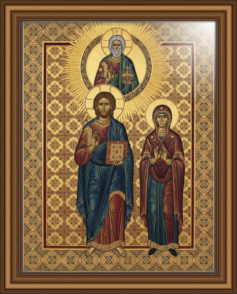 Byzantine iconographic scene with Jesus Christ, The Virgin Mary stands on one side