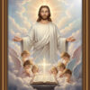 An intimate devotional scene featuring Jesus Christ emerging from a gentle halo of warm heavenly light. Religious art