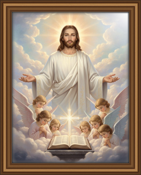 An intimate devotional scene featuring Jesus Christ emerging from a gentle halo of warm heavenly light. Religious art