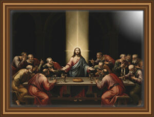 Intense baroque-inspired Last Supper where Jesus is illuminated in divine light while twelve apostles react dramatically