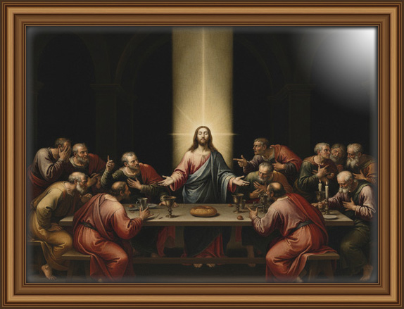 Intense baroque-inspired Last Supper where Jesus is illuminated in divine light while twelve apostles react dramatically