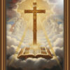 A classical, oil-painting-inspired scene with a beautifully illuminated golden cross rising, an open Bible, and subtle angelic forms