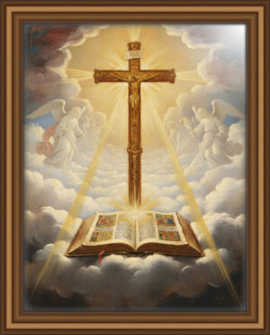A classical, oil-painting-inspired scene with a beautifully illuminated golden cross rising, an open Bible, and subtle angelic forms