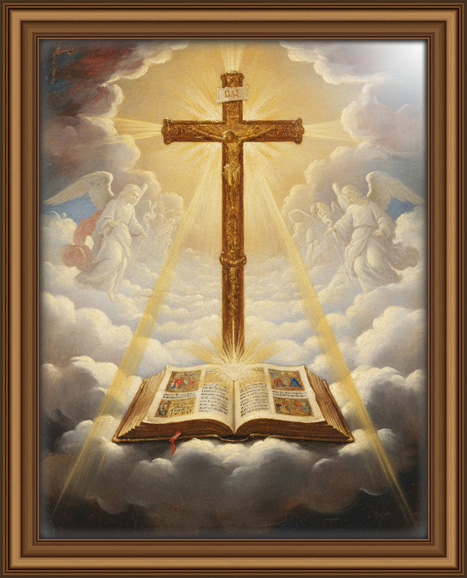 A classical, oil-painting-inspired scene with a beautifully illuminated golden cross rising, an open Bible, and subtle angelic forms