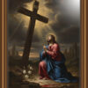 Dramatic oil painting of Jesus full-body kneeling in prayer before a large wooden cross