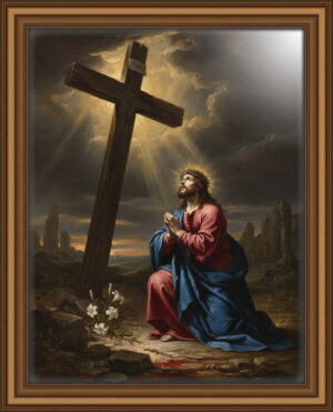 Dramatic oil painting of Jesus full-body kneeling in prayer before a large wooden cross