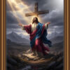 Jesus Christ, standing with arms outstretched in blessing, large wooden cross behind him