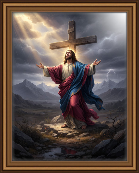 Jesus Christ, standing with arms outstretched in blessing, large wooden cross behind him