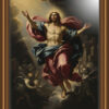 Oil painting of Jesus surrounded by ethereal angels in warm golden and crimson tones. Emotional and spiritual intensity