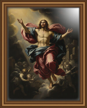 Oil painting of Jesus surrounded by ethereal angels in warm golden and crimson tones. Emotional and spiritual intensity