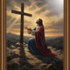 Jesus kneeling in prayer before a large wooden cross, illuminated by a strong beam of divine light