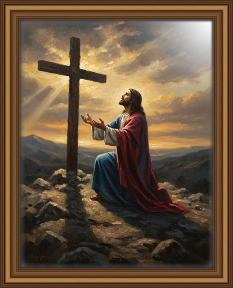 Jesus kneeling in prayer before a large wooden cross, illuminated by a strong beam of divine light