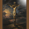 Jesus Christ wearing a crown of thorns on the cross, painted in dramatic Baroque style in oil