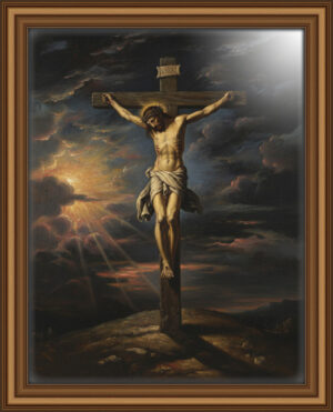 Jesus Christ wearing a crown of thorns on the cross, painted in dramatic Baroque style in oil