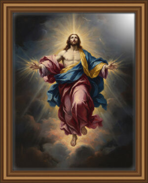 Jesus standing with arms open in a Baroque-style stormy background, illuminated by a divine beam