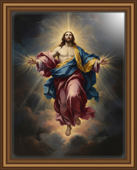 Jesus standing with arms open in a Baroque-style stormy background, illuminated by a divine beam