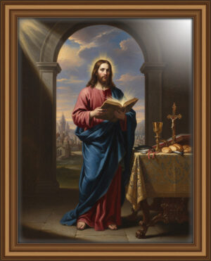Jesus Christ is holding a glowing gospel book, with a small cross on the table beside Him