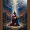 Full-body oil painting of Jesus kneeling in prayer, illuminated by a strong beam of divine light
