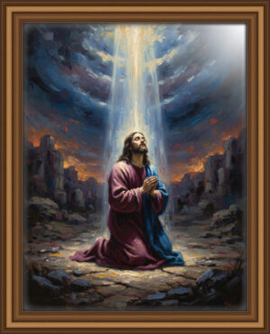 Full-body oil painting of Jesus kneeling in prayer, illuminated by a strong beam of divine light