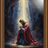 Jesus kneeling in prayer, illuminated by a strong beam of divine light in an oil painting