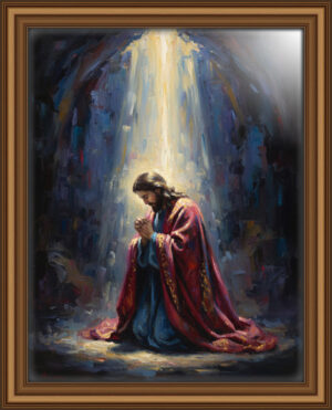 Jesus kneeling in prayer, illuminated by a strong beam of divine light in an oil painting