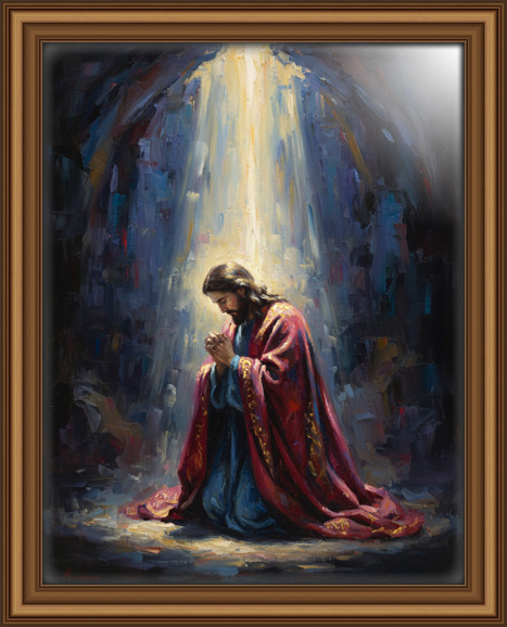 Jesus kneeling in prayer, illuminated by a strong beam of divine light in an oil painting