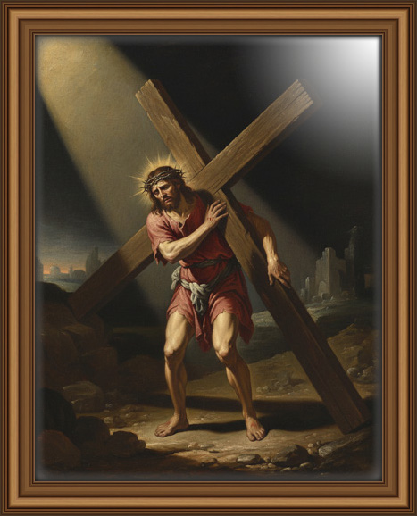 A dramatic Baroque-style full-body painting of Jesus Christ carrying the cross, digital download wall art poster