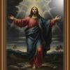 Full-body oil painting of Jesus with arms open, radiant light from above highlighting His face and robes