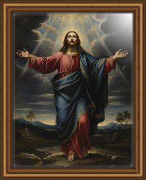 Full-body oil painting of Jesus with arms open, radiant light from above highlighting His face and robes