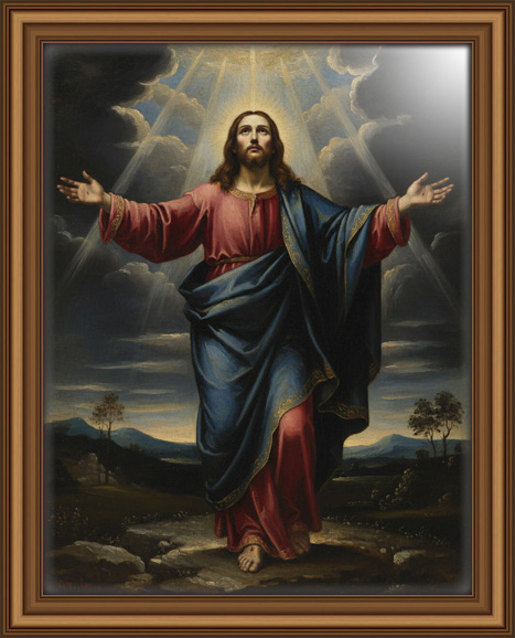 Full-body oil painting of Jesus with arms open, radiant light from above highlighting His face and robes