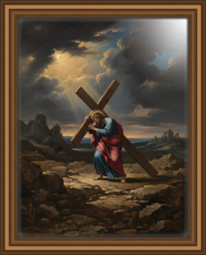 A full-body oil painting of Jesus Christ carrying the cross, dramatic light highlighting His effort and expression