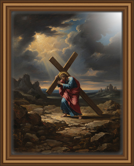 A full-body oil painting of Jesus Christ carrying the cross, dramatic light highlighting His effort and expression